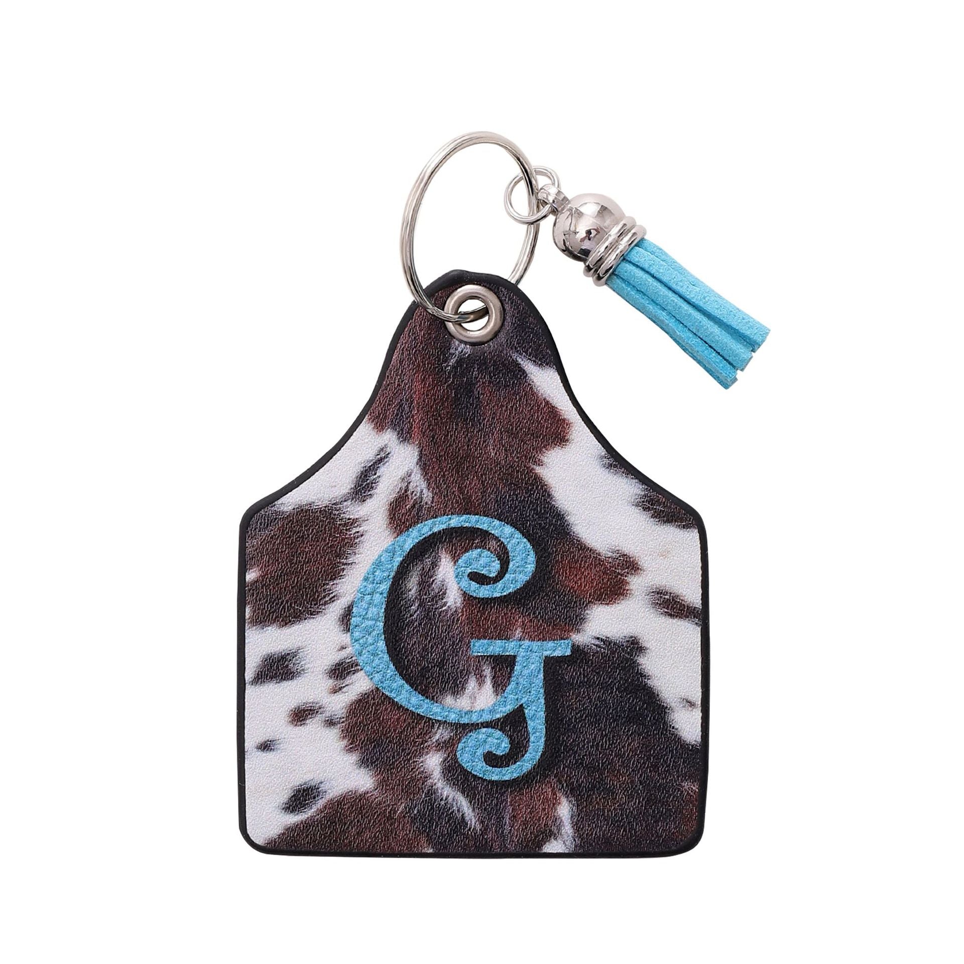 Wholesale Leather Western Cow Pattern Animal Fur Letter Printing Leather Oil Edge Keychain
